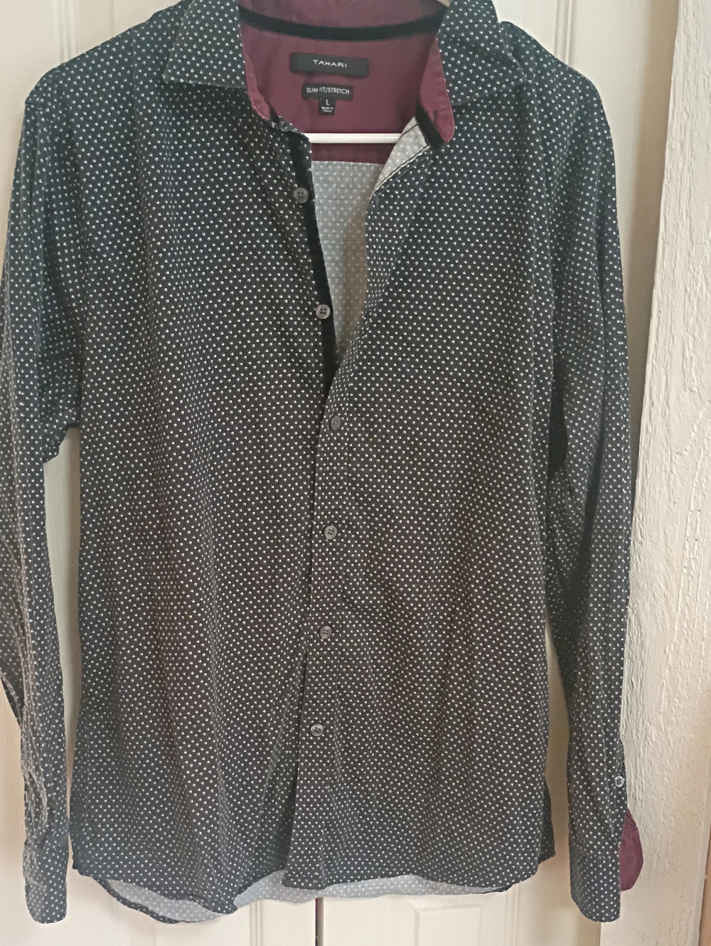 Tahari Black Microdot Shirt Jacket with Burgundy Trim